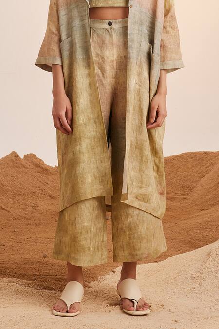 Cord_Beige Linen Sweetheart , Shawl Peru Printed Jacket And Pant Set_Online_at_Aza_Fashions