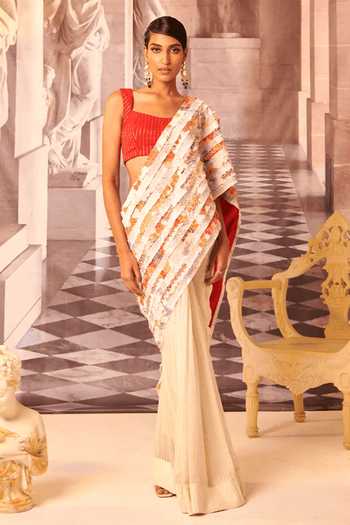 Gauri Dhawan_Ivory Handcrafted Cotton Textile And Chiffon Stripe Cecilia Saree With Blouse_Online_at_Aza_Fashions