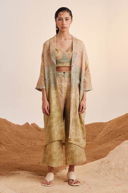 Buy_Cord_Beige Linen Sweetheart , Shawl Peru Printed Jacket And Pant Set_Online_at_Aza_Fashions