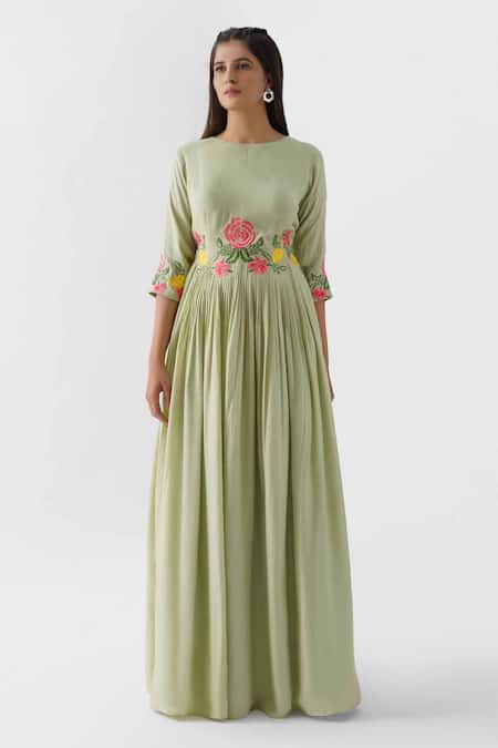 Suruchi Parakh Green Cotton Silk, Lining Shantoon Thread Round Embroidered Anarkali 