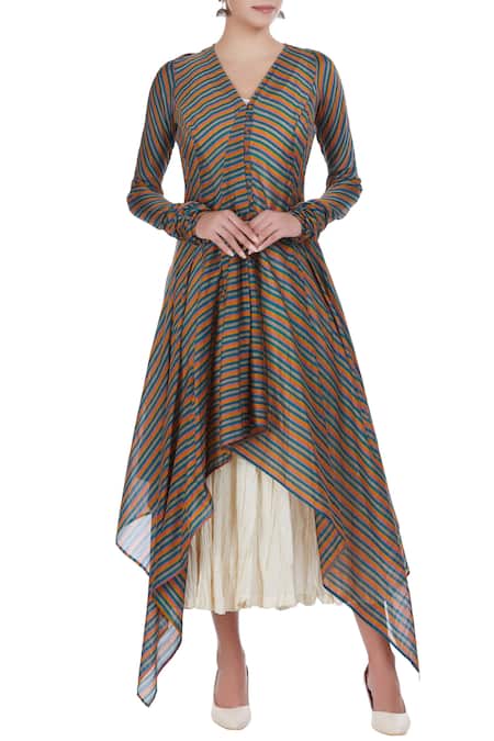 Prama by Pratima Pandey Multi Color V Neck Handwoven Chanderi Silk Tunic For Women