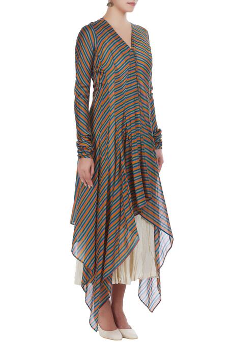 Prama By Pratima Pandey Multi Color V Neck Handwoven Chanderi Silk Tunic Online at Aza Fashions Prama By Pratima Pandey_Multi Color V Neck Handwoven Chanderi Silk Tunic _Online_at_Aza_Fashions