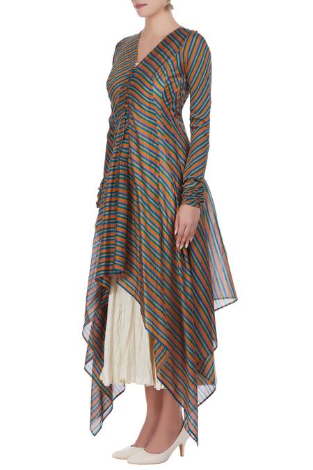 Buy Prama By Pratima Pandey Multi Color V Neck Handwoven Chanderi Silk Tunic Online at Aza Fashions Buy_Prama By Pratima Pandey_Multi Color V Neck Handwoven Chanderi Silk Tunic _Online_at_Aza_Fashions