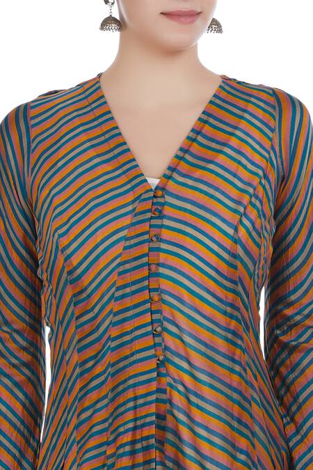 Prama By Pratima Pandey Multi Color V Neck Handwoven Chanderi Silk Tunic at Aza Fashions Prama By Pratima Pandey_Multi Color V Neck Handwoven Chanderi Silk Tunic _at_Aza_Fashions