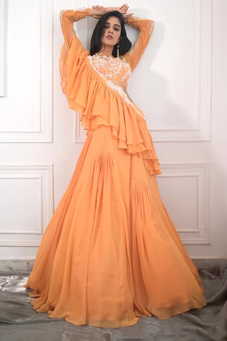 Buy_PIRI INDIA_Yellow Tulle, Georgette Embroidery, Beads, Pearls, Hand Blouse Lehenga Set _Online_at_Aza_Fashions
