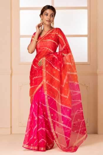 Geroo Jaipur_Pink Silk Round Neck Tie Dye Pattern Saree With Blouse _Online_at_Aza_Fashions