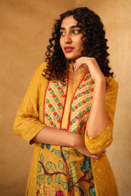 Shachi Sood_Yellow Dupion Silk, Fine Chanderi Beads And Resham Embroidered Kurta And Pant Set _Online_at_Aza_Fashions