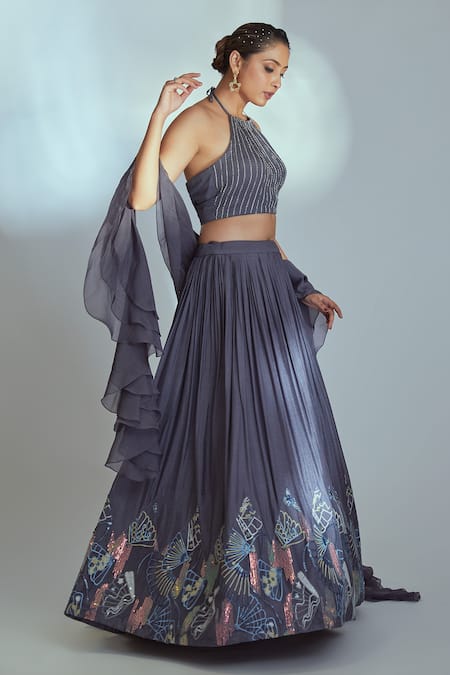 Suruchi Parakh_Grey Thread And Sequin Work Halter Neck Pleated Lehenga Embroidered Blouse Set _Online_at_Aza_Fashions