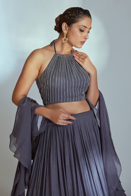 Buy_Suruchi Parakh_Grey Thread And Sequin Work Halter Neck Pleated Lehenga Embroidered Blouse Set _Online_at_Aza_Fashions