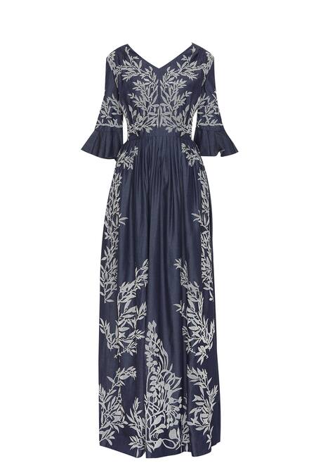 Geisha Designs_Blue Pleated Maxi Dress With Applique Work_Online_at_Aza_Fashions