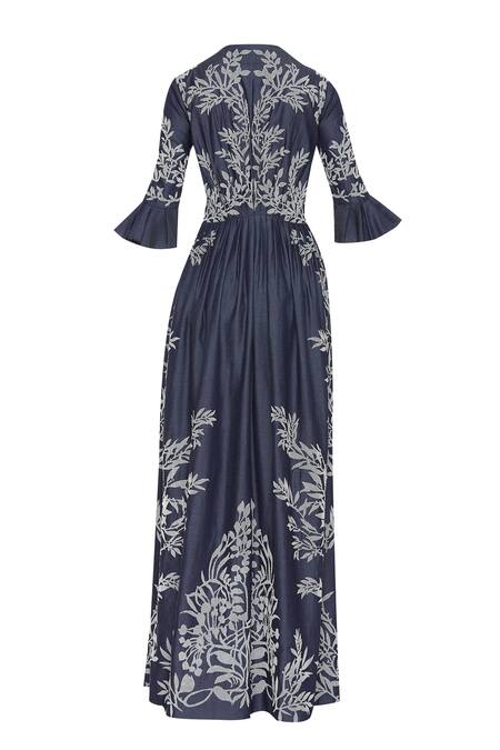 Buy_Geisha Designs_Blue Pleated Maxi Dress With Applique Work_Online_at_Aza_Fashions