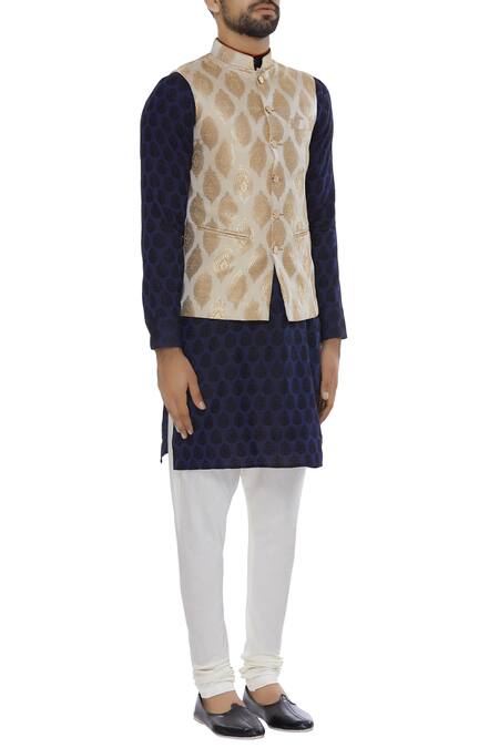 Vavci_Cream Brocade Embroidered Beads And Gold Bundi_Online_at_Aza_Fashions