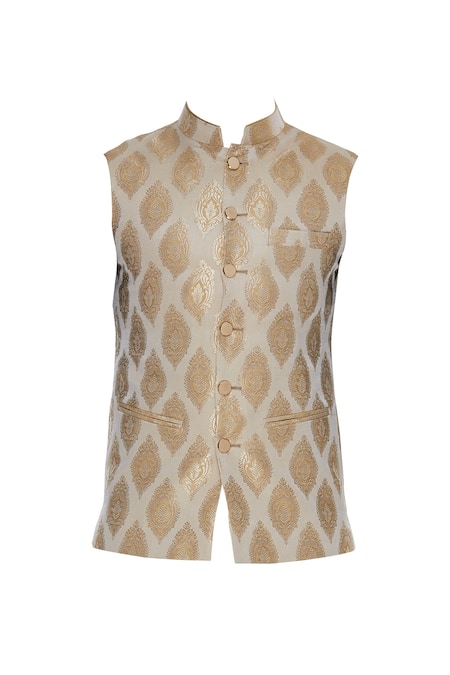 Buy_Vavci_Cream Brocade Embroidered Beads And Gold Bundi_Online_at_Aza_Fashions