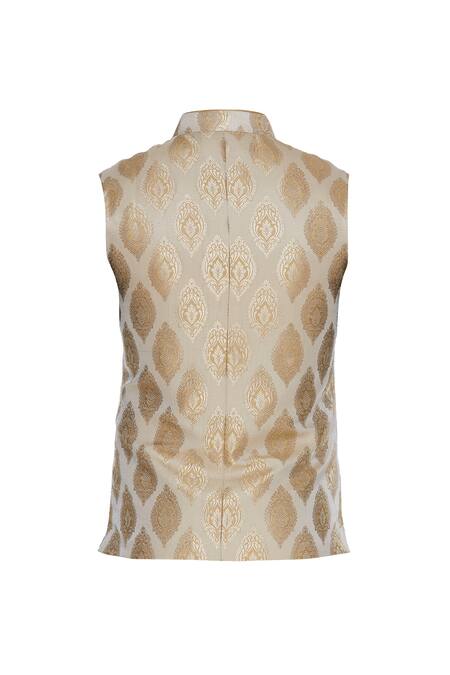 Shop_Vavci_Cream Brocade Embroidered Beads And Gold Bundi_Online_at_Aza_Fashions