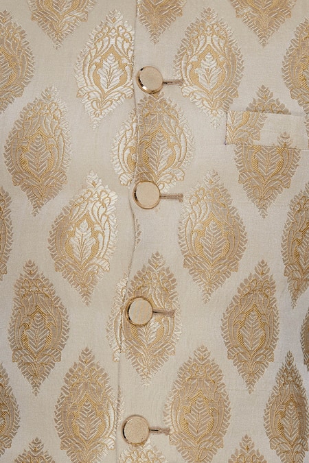 Vavci_Cream Brocade Embroidered Beads And Gold Bundi_at_Aza_Fashions