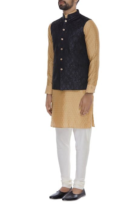 Vavci_Black Silk Embroidered Beads Nehru Jacket_Online_at_Aza_Fashions