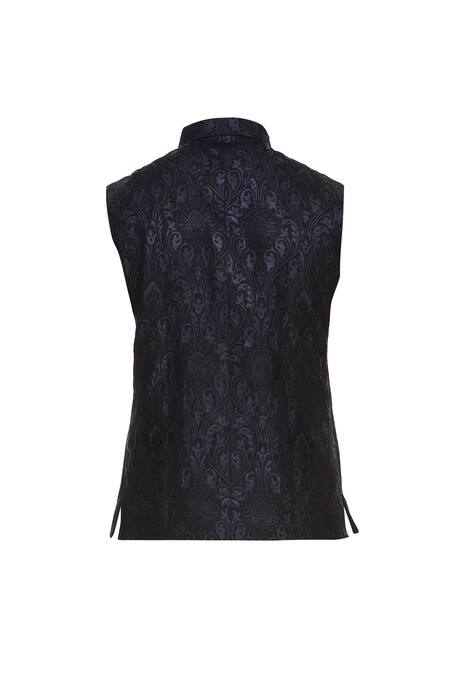 Shop_Vavci_Black Silk Embroidered Beads Nehru Jacket_Online_at_Aza_Fashions