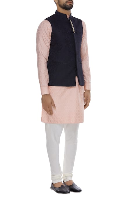 Vavci_Blue Jacquard Embroidered Beads Textured Bundi Jacket_Online_at_Aza_Fashions