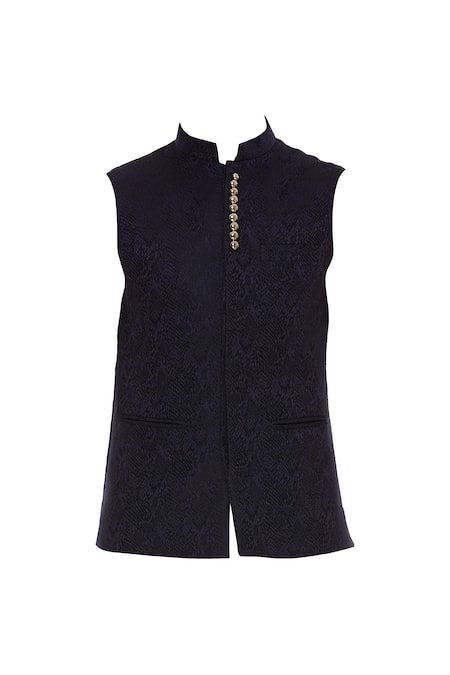Buy_Vavci_Blue Jacquard Embroidered Beads Textured Bundi Jacket_Online_at_Aza_Fashions