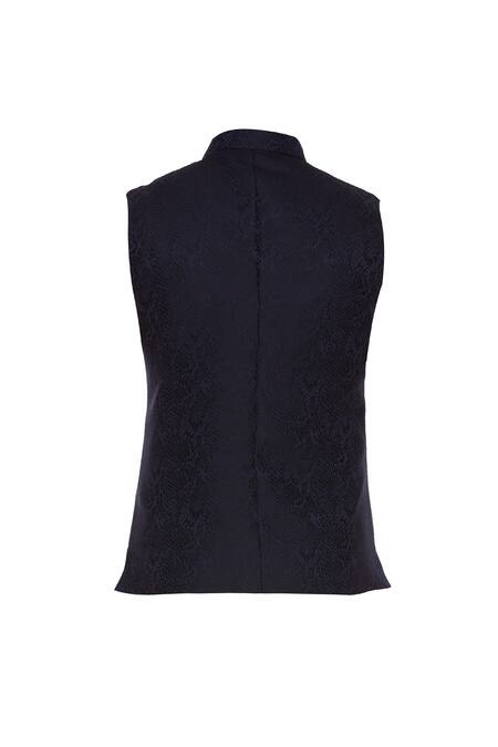 Shop_Vavci_Blue Jacquard Embroidered Beads Textured Bundi Jacket_Online_at_Aza_Fashions