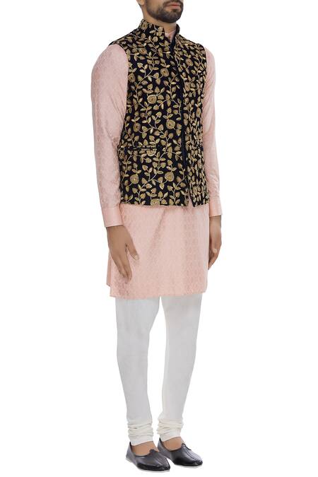 Vavci_Blue Velvet Embroidered Beads Nehru Jacket_Online_at_Aza_Fashions