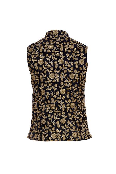 Shop_Vavci_Blue Velvet Embroidered Beads Nehru Jacket_Online_at_Aza_Fashions