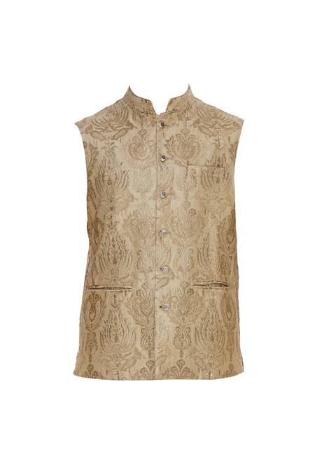Buy_Vavci_Cream Brocade Embroidered Beads Kinkhwab Nehru Jacket_Online_at_Aza_Fashions