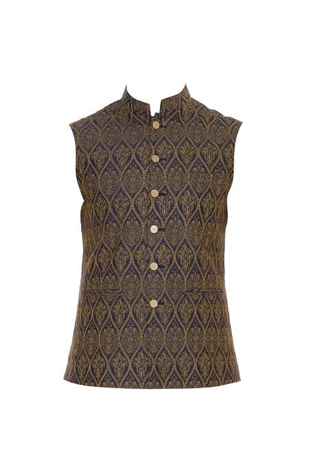 Buy_Vavci_Blue Silk Embroidered Beads Thread Nehru Jacket_Online_at_Aza_Fashions