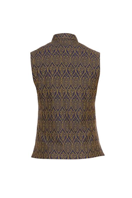 Shop_Vavci_Blue Silk Embroidered Beads Thread Nehru Jacket_Online_at_Aza_Fashions