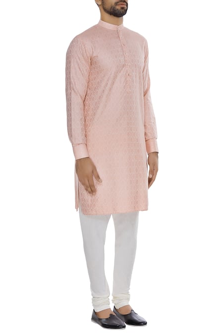 Vavci Pink Cotton Silk Embroidered Beads Self Embossed Kurta Online at Aza Fashions Vavci_Pink Cotton Silk Embroidered Beads Self Embossed Kurta_Online_at_Aza_Fashions