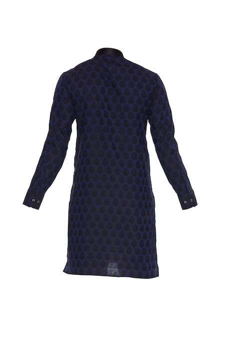 Shop_Vavci_Blue Cotton Silk Embroidered Beads Printed Navy Kurta_Online_at_Aza_Fashions