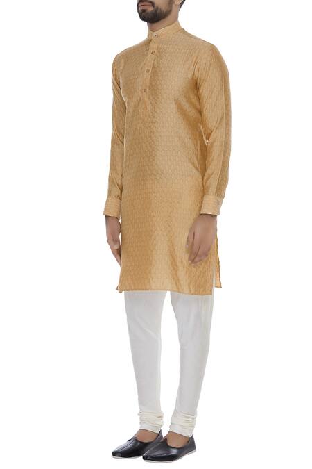 Vavci_Gold Cotton Silk Embellished Beads Self Embossed Kurta_Online_at_Aza_Fashions