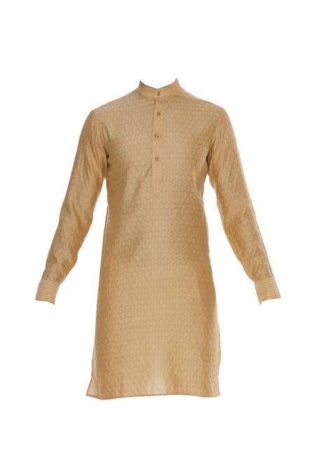 Buy_Vavci_Gold Cotton Silk Embellished Beads Self Embossed Kurta_Online_at_Aza_Fashions
