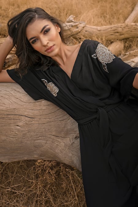 Amrta By Guneet Kondal_Black Viscose Sequins V-neck Kimono Style Jumpsuit _at_Aza_Fashions