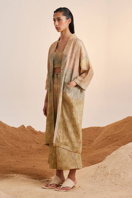 Shop_Cord_Beige Linen Sweetheart , Shawl Peru Printed Jacket And Pant Set_Online_at_Aza_Fashions