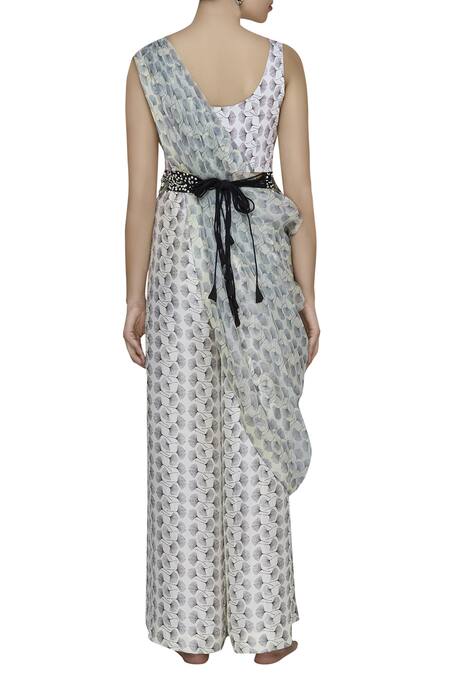 Shop_Anamika Khanna_Black Printed Pant With Drape And Belt_at_Aza_Fashions