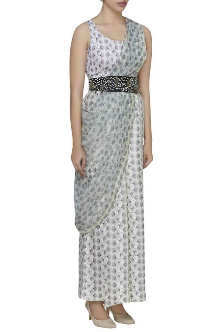 Anamika Khanna_Black Printed Pant With Drape And Belt_Online_at_Aza_Fashions