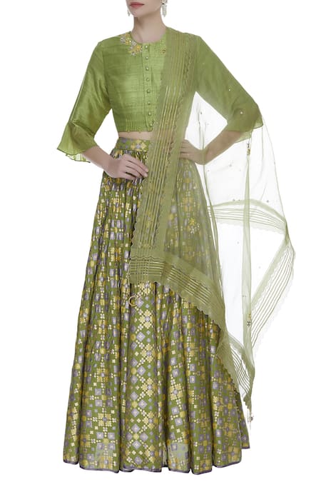 I am Design Green Thread Embroidered Blouse With Lehenga And Dupatta