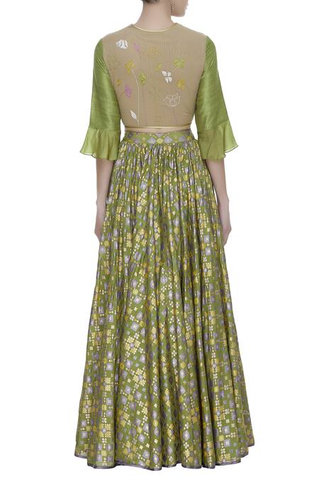 Shop_I Am Design_Green Thread Embroidered Blouse With Lehenga And Dupatta_at_Aza_Fashions