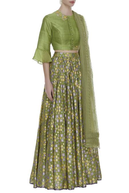 I Am Design_Green Thread Embroidered Blouse With Lehenga And Dupatta_Online_at_Aza_Fashions