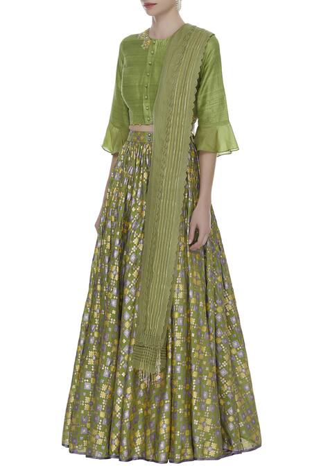 Buy_I Am Design_Green Thread Embroidered Blouse With Lehenga And Dupatta_Online_at_Aza_Fashions