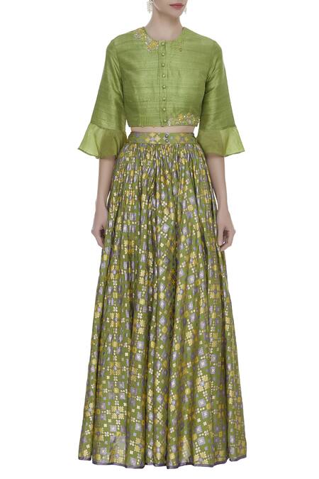 Shop_I Am Design_Green Thread Embroidered Blouse With Lehenga And Dupatta_Online_at_Aza_Fashions