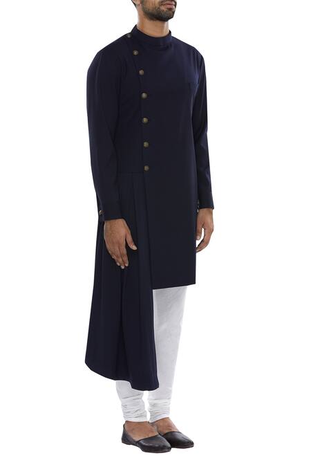 Vavci_Blue Poly Blend Suiting Solid Draped Overlap Kurta_Online_at_Aza_Fashions