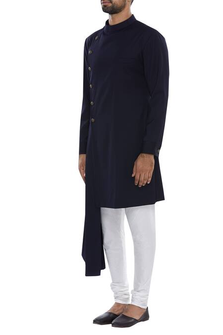 Buy_Vavci_Blue Poly Blend Suiting Solid Draped Overlap Kurta_Online_at_Aza_Fashions