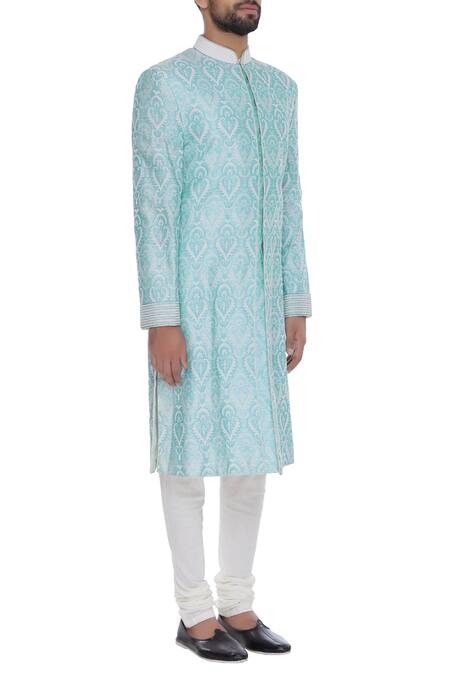 Barkha 'N' Sonzal_Blue Jacquard Silk Embroidered Beads Pearl Sherwani Set_Online_at_Aza_Fashions