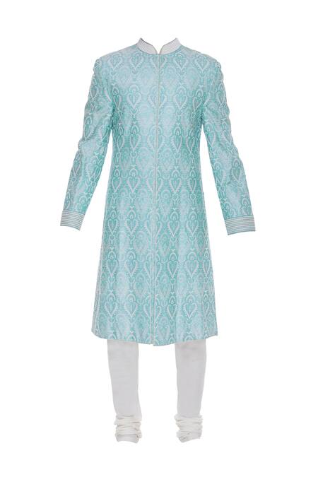Buy_Barkha 'N' Sonzal_Blue Jacquard Silk Embroidered Beads Pearl Sherwani Set_Online_at_Aza_Fashions