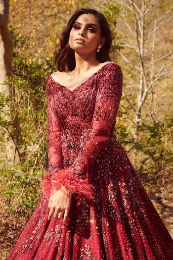 Shop Dolly J Maroon Tulle One Shoulder Lylah Gown at Aza Fashions Shop_Dolly J_Maroon Tulle One Shoulder Lylah Gown_at_Aza_Fashions