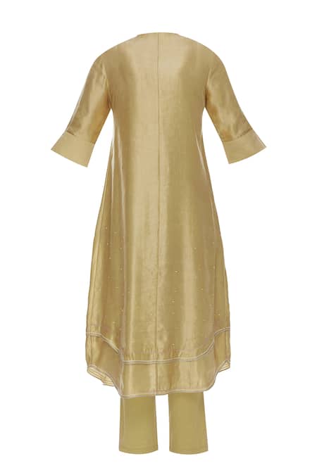 Shop_I Am Design_Gold Satin Linen Ikat Embroidered Kurta Set _Online_at_Aza_Fashions