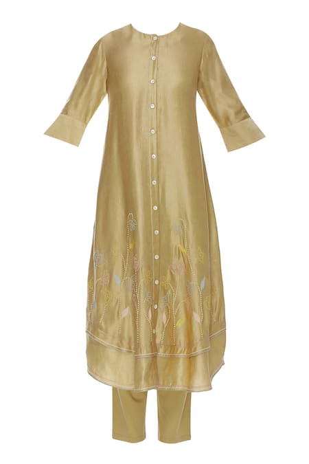 I Am Design_Gold Satin Linen Ikat Embroidered Kurta Set _at_Aza_Fashions