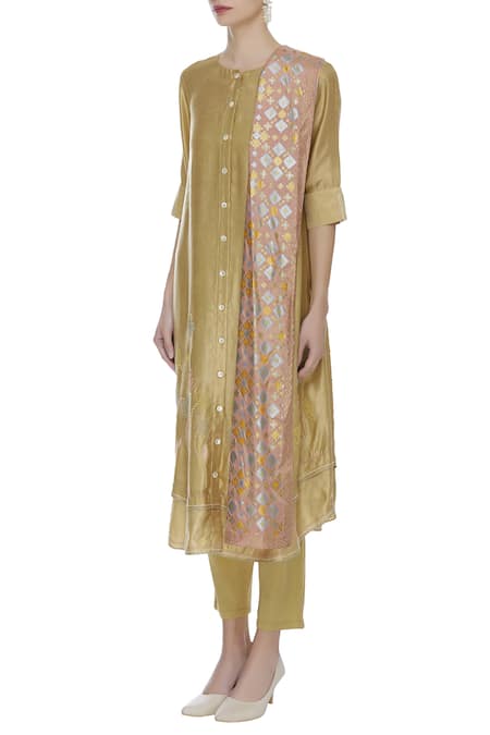 I Am Design_Gold Satin Linen Ikat Embroidered Kurta Set _Online_at_Aza_Fashions